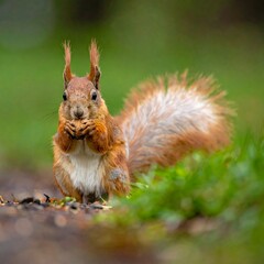 Obraz premium Squirrel holds food in paws, amidst greenery, with focus on animal