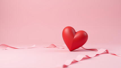 Red heart and ribbon on soft pink background representing love romance and festive holiday design