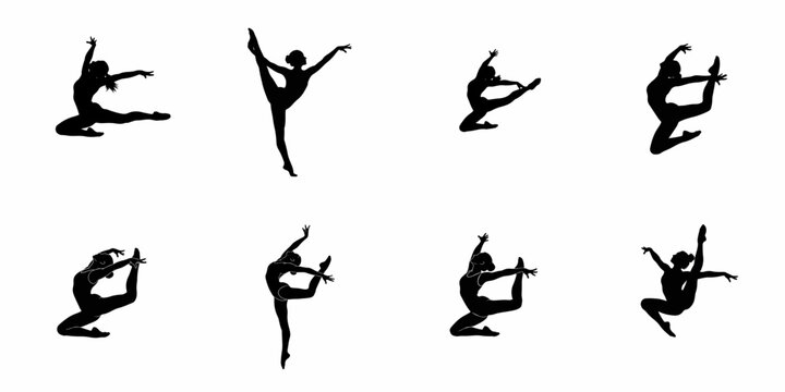 Set of eight black dancer silhouettes showcasing intense flexibility, ballet leaps, and artistic gymnastics poses against a clean white backdrop.