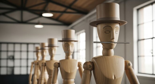 Wooden marionettes in a workshop