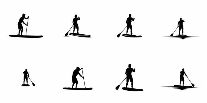 Black silhouettes set of stand-up paddleboarders (SUP) in various poses, isolated vector icons depicting water sports, summer recreation, and fitness activity.