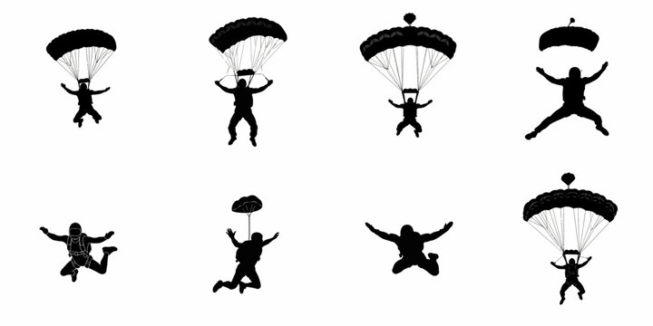 Black silhouettes of skydivers and parachutists in various stages of freefall and canopy deployment, isolated on white background.