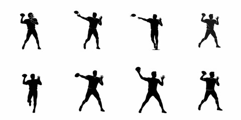 Black silhouettes collection of American football players and quarterbacks throwing the ball in various action poses, isolated on a white background.