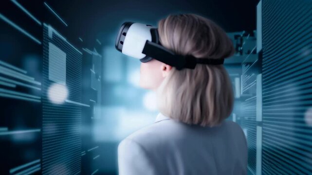 Businesswoman wearing a virtual reality headset in a futuristic blue light setting, exploring immersive digital technology and innovative work solutions.