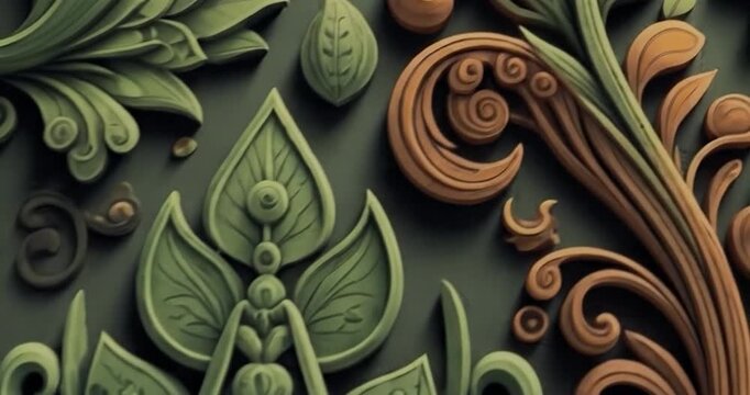Intricate Floral Patterns in Green and Brown.