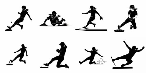 Dynamic Softball Player Silhouettes: Vector set showing female athletes pitching, running, catching, and sliding into bases during a competitive game. © Nadya