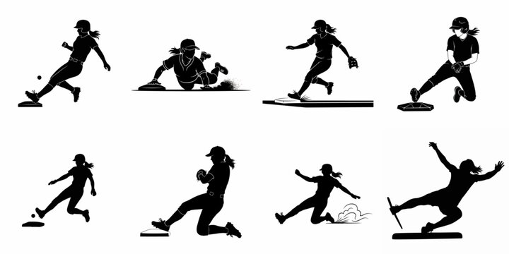 Dynamic Softball Player Silhouettes: Vector set showing female athletes pitching, running, catching, and sliding into bases during a competitive game.