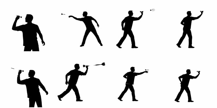Silhouettes of a man throwing a dart, illustrating different stages of the action, perfect for sports, recreation, and target practice concepts.