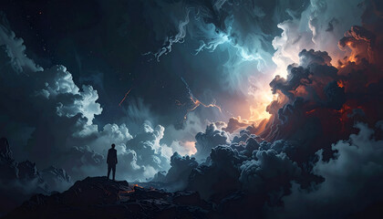 Fototapeta premium A lone figure standing on a rocky outcrop amidst a dramatic stormy sky.