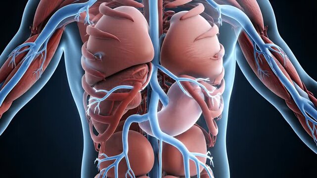 Human Torso Anatomy with Digestive System Illustration of Stomach, Lungs and Liver on Dark Background for Medical