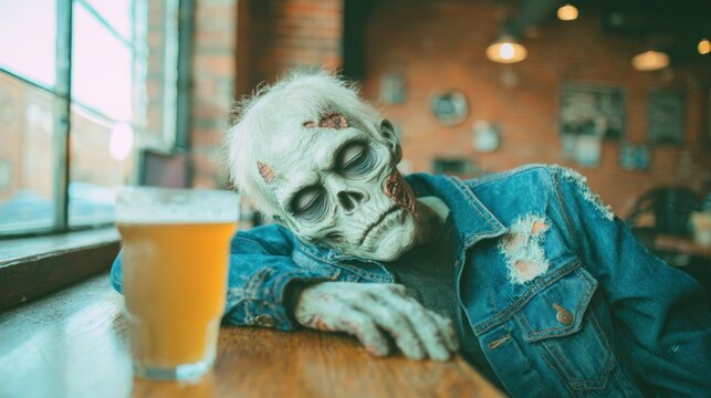 Zombie figure rests on table in bar with drink during evening hours