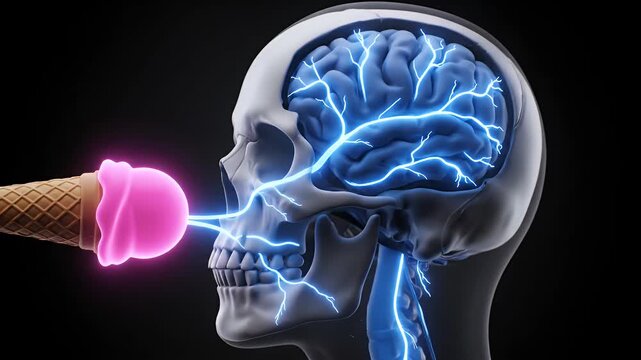 Ice Cream Brain Freeze Concept Skull with Pink Ice Cream Cone Side View on Black Background, Brain Lightning Effects