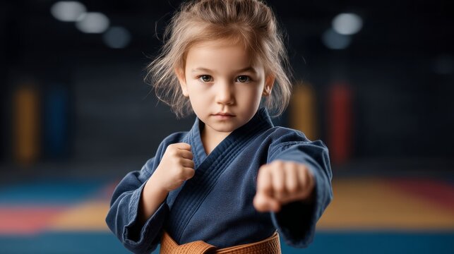 A young girl in a blue karate uniform is standing in a gymnasium