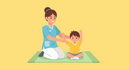 Fototapeta premium Physical therapist assisting a young child with arm exercises on a mat