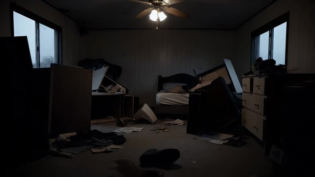 Interior of a dark room with scattered items and overturned furniture, creating a scene of chaos, with light filtering