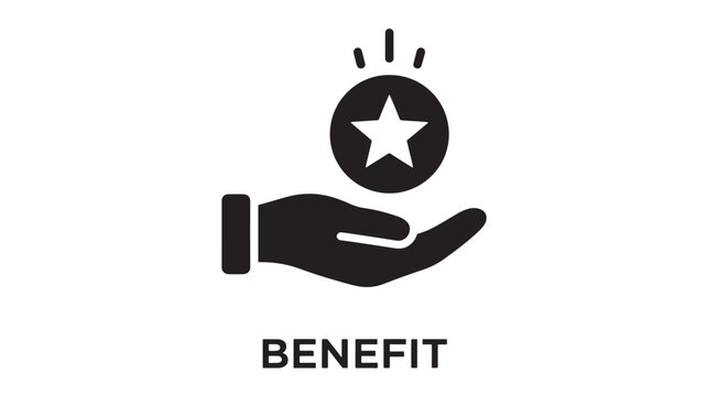 Black outline icon of a hand holding a coin with a star inside, representing financial benefit or reward. Simple flat design.