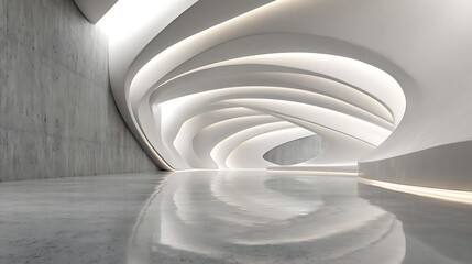 Obraz premium Futuristic architectural interior features flowing curvilinear forms illuminated by soft ambient light