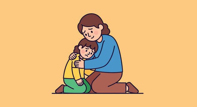 A caring mother comforting her sad child with a gentle hug, offering support and reassurance