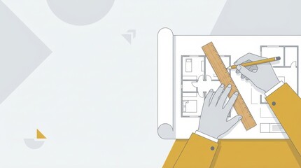 Illustrated hands drawing an architectural blueprint with a pencil and wooden ruler on a white sheet