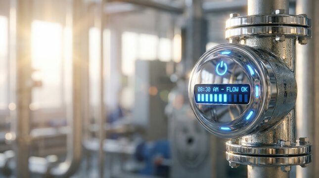 Digital flow meter on a shiny industrial pipe displays FLOW OK and time Blue glowing light illuminates the device within