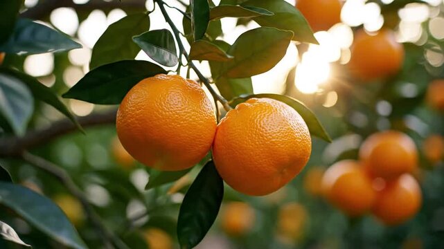 Sunlit oranges dangle on a leafy branch, glossy leaves glow under warm morning light with faint glow