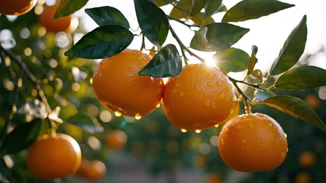 Bright orange fruits hang in clusters from a leafy branch, bathed in warm, sunlit air. Fresh breeze