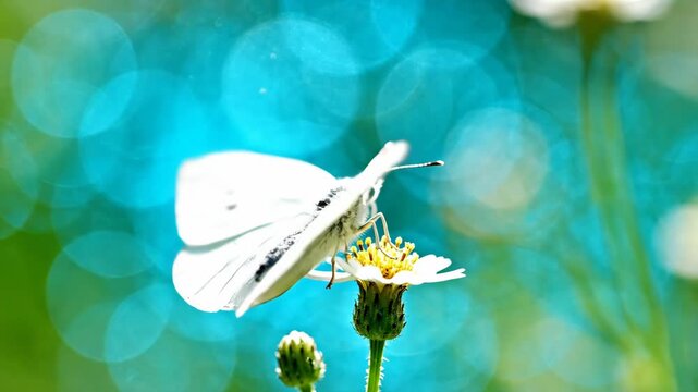 White Butterfly on Wildflower with Turquoise Bokeh - A white butterfly rests delicately on a small white wildflower, its wings intricately patterned against a soft, bright turquoise and cyan bokeh