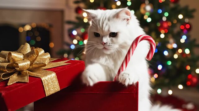 White Cat Peeking from Christmas Gift Box - A fluffy white longhair cat is peeking out from a red gift box, holding a peppermint candy cane.