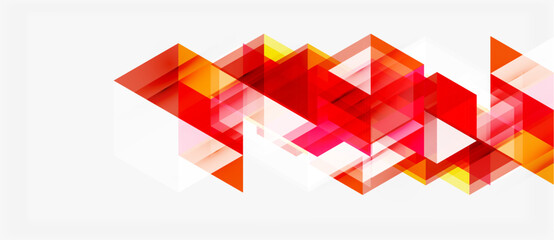 Abstract geometric shapes overlap, creating vibrant red, orange tones. Design features transparency, modern aesthetic.