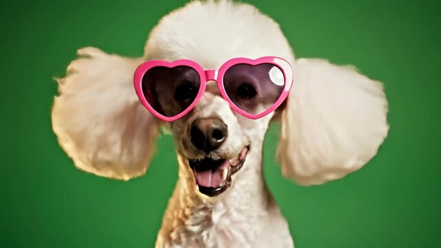A cheerful poodle wearing pink heart-shaped sunglasses.