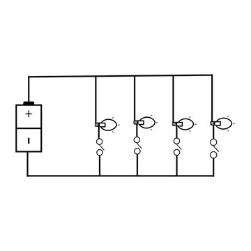 Electrical Circuit Diagram with Battery, Switches and Parallel Light Bulbs.