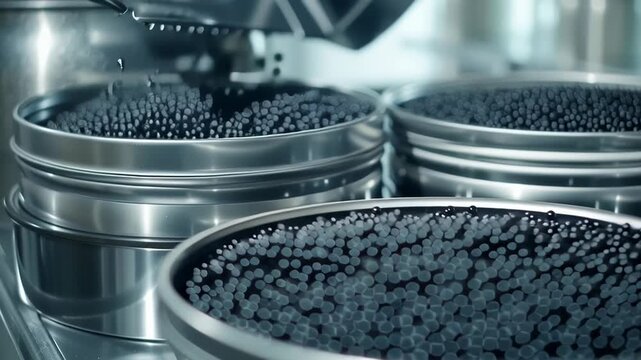 Black caviar being carefully poured into shiny metal tins for packaging and distribution