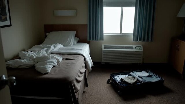 Messy Motel Room with Open Suitcase Featuring Crumpled White Bedding and Dark Carpet Flooring Depicting a Possible