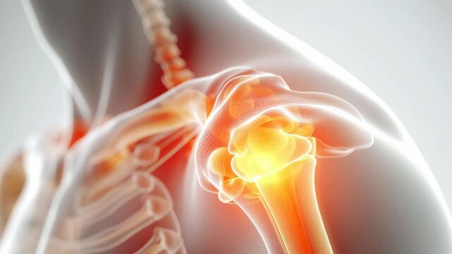 Close-up 3D rendering of a painful shoulder joint with inflammation and glowing pain points