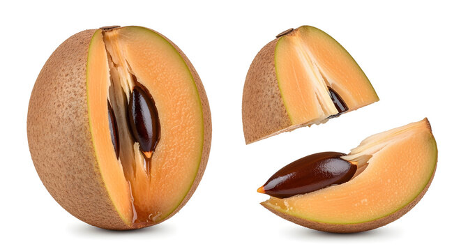 Sapodilla Sapota Tropical fruit slices and whole Manilkara zapota brown sweet fruit with black seeds isolated on white background