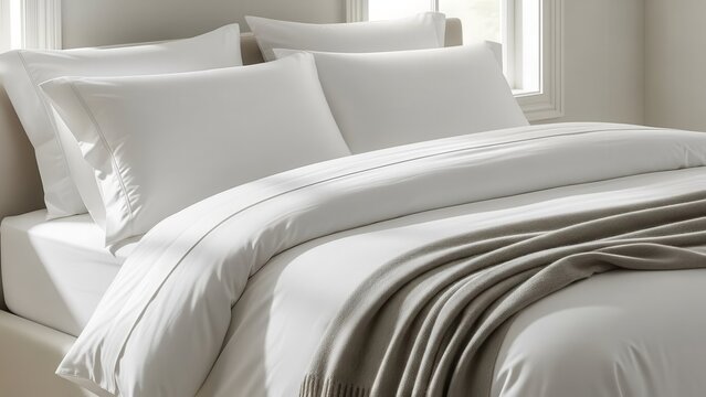 Tucked bed in a hotel room, bedroom with white linen and soft pillows and gray knitted plaid in the morning light. The concept of comfortable vacation and tourism.