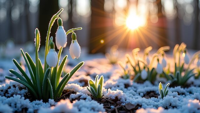 Beautiful panorama of blooming snowdrops in the winter forest. Soft rays of morning sun and bokeh. Early spring postcard design with space for text. March 8 and Easter theme