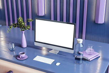 Modern workspace with computer on sleek purple desk in contemporary office interior with stylish decor and blank monitor screen. 3D Rendering