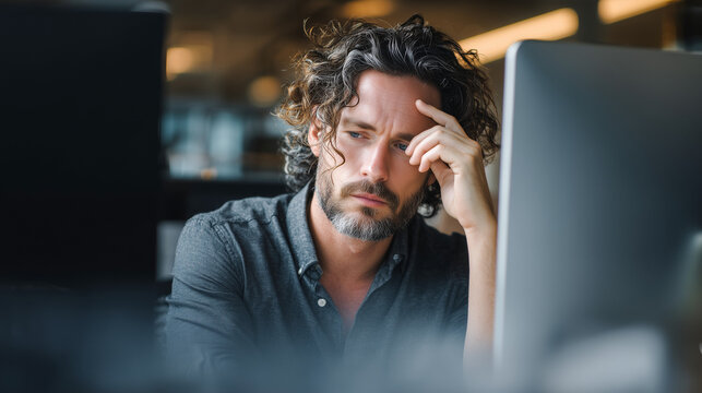 A worried male professional sitting at his desk, leaning his head on his hand while looking at a computer screen, depicting deep thought, stress, or a difficult business decision