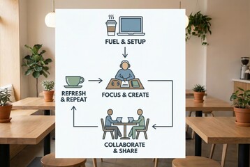 Obraz premium Workflow diagram illustrating a creative cycle in a modern workspace promoting collaboration, focus, and refresh strategies for productivity and efficiency