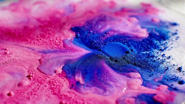 Stunning macro view in slow motion showing liquid pink paint streaming onto dry magenta and royal blue pigments, creating a beautiful abstract chemical reaction