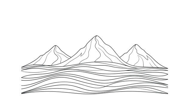 Minimalist black and white line drawing of three mountain peaks with clean contours and no shading for a simple landscape design.
