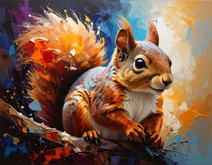 Squirrel perched amongst vibrant, abstract brushstrokes in vivid orange, blue, and white hues