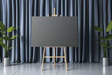 Fototapeta premium Blank black canvas on wooden easel with dark curtains and potted plants in modern interior room setup for art presentation or design display. 3D Rendering