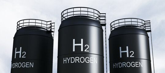 Hydrogen H2 industrial storage tanks under cloudy sky background, symbolizing clean energy and...
