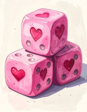 Stacked pink dice with heart symbols in place of numbers, on a white background with splattered pink accents