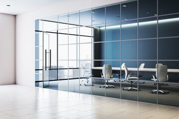 Modern empty corporate conference room with glass partition walls and minimalistic design in a high-rise office building interior space. 3D Rendering © Who is Danny