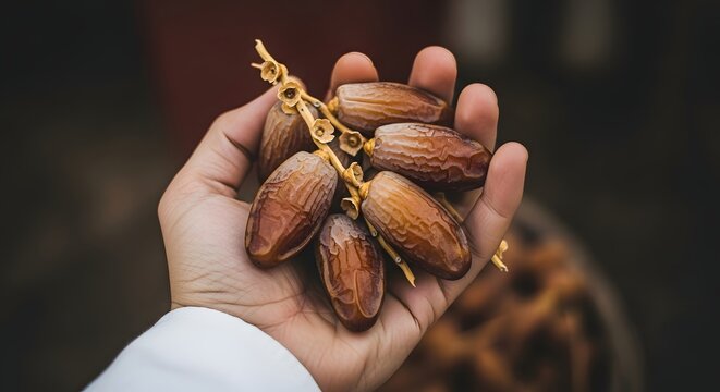 Hand holding a bunch of dates on a stem
