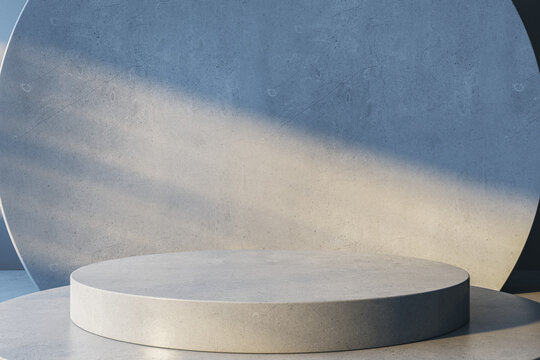 Minimalist concrete podium platform with soft sunlight and shadow on abstract wall background for product presentation or branding scene template. 3D Rendering