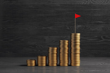 Stacks of gold coins increasing in height with a red flag on top, symbolizing financial growth and investment success on dark wood background. 3D Rendering
